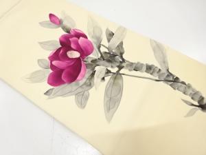 作家物　塩瀬　手描き　椿模様　名古屋帯